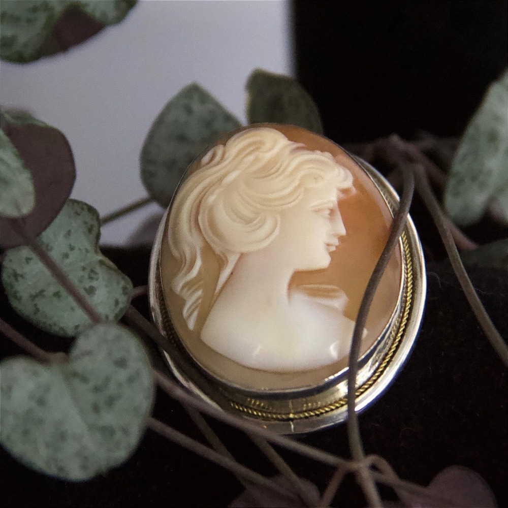 Vintage 800 Silver Shell Cameo Brooch Pendant Hand Carved Italian Portrait Pin